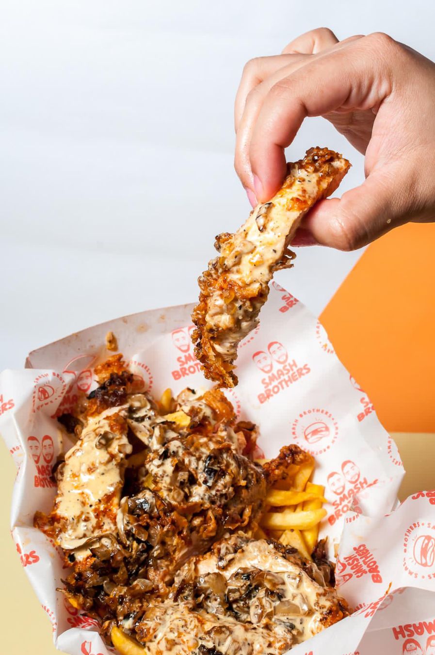 Chicken tender with creamy sauce over fries